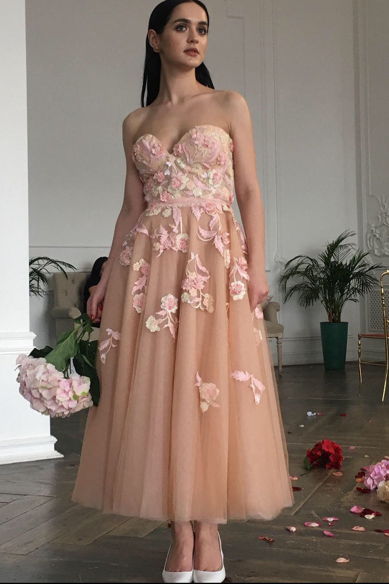 Elegant A-Line Ankle Length Sweetheart Peach Floral Prom Dress FancyVestido Elegant A-Line Ankle Length Sweetheart Peach Floral Prom Dress FancyVestido