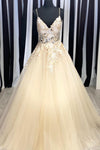 Elegant V Neck Lace Appliques Champagne Long Prom Dress