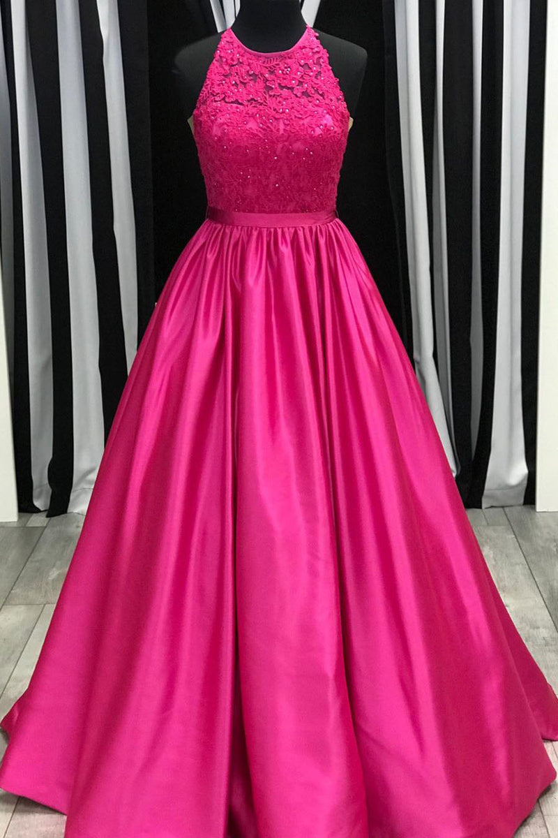 Elegant A-Line Beaded Lace Appliques Fuchsia Long Prom Dress