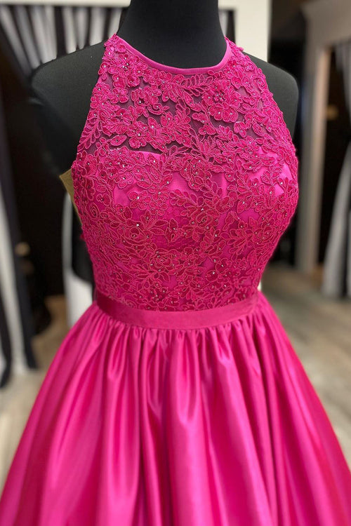Elegant A-Line Beaded Lace Appliques Fuchsia Long Prom Dress