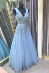 Elegant A-Line V Neck Appliques Sky Blue Long Prom Dress