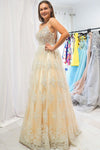 Elegant A-Line Open Back Straps Lace Champagne Long Prom Dress