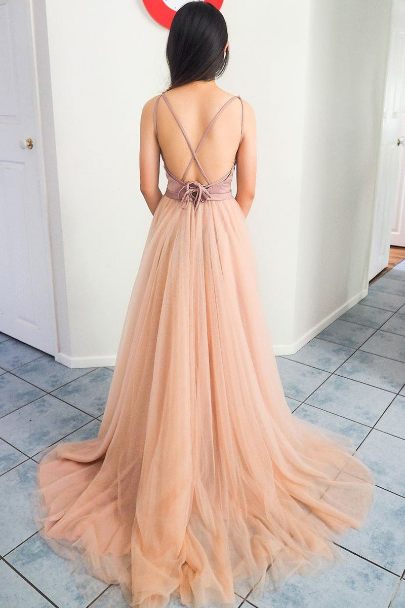 Elegant A-line Straps Criss Cross Back Peach and Pink Long Prom Dress