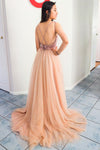 Elegant A-line Straps Criss Cross Back Peach and Pink Long Prom Dress
