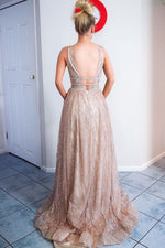 Sparkly A-Line Plunging Neck Pink Long Prom Dress with Pockets