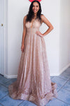 Sparkly A-Line Plunging Neck Pink Long Prom Dress with Pockets