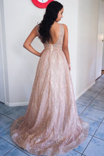 Sparkly A-Line Plunging Neck Pink Long Prom Dress with Pockets