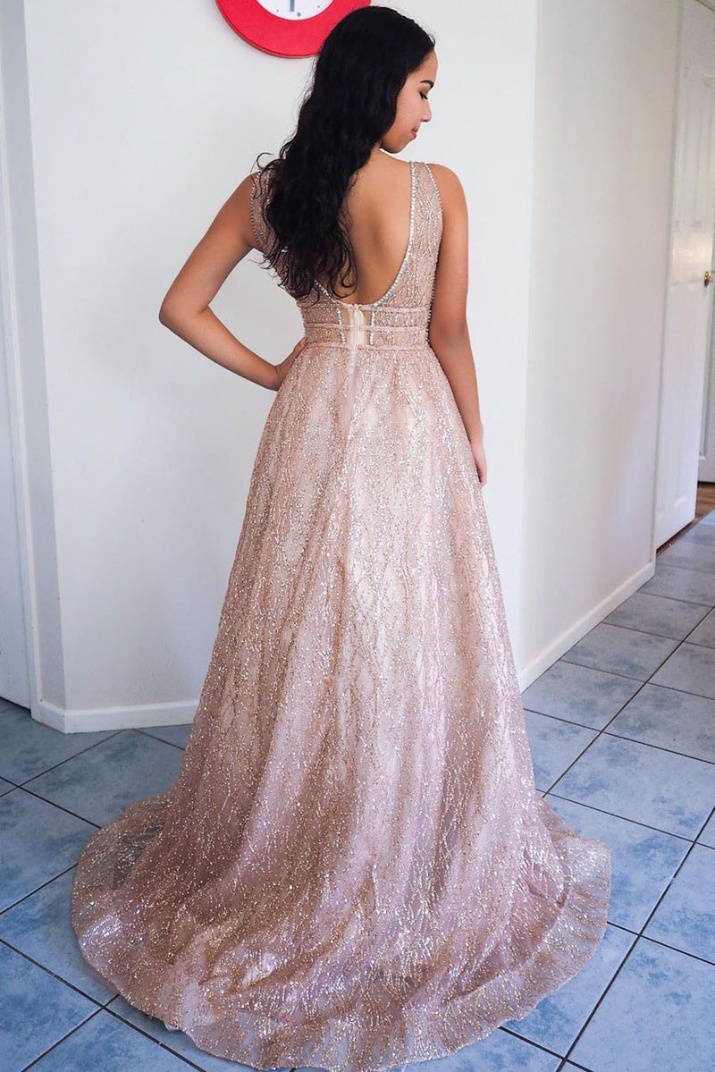 Sparkly A-Line Plunging Neck Pink Long Prom Dress with Pockets