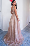 Sparkly A-Line Plunging Neck Pink Long Prom Dress with Pockets