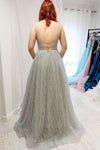 Sparkly A-Line Plunging Neck Blackless Silver Long Prom Dress