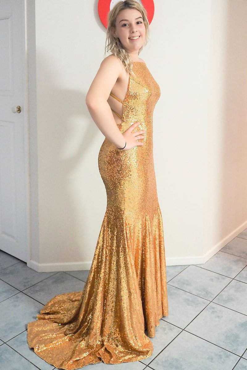 Elegant Criss Cross Back Mermaid Gold Long Prom Dress with Train