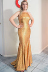 Elegant Criss Cross Back Mermaid Gold Long Prom Dress with Train