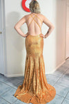 Elegant Criss Cross Back Mermaid Gold Long Prom Dress with Train