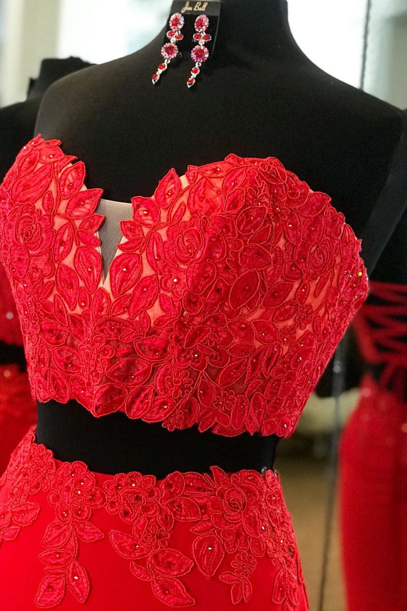Elegant Two Piece Sweetheart Beaded Red Prom Dress with Lace-up Back FancyVestido Elegant Two Piece Sweetheart Beaded Red Prom Dress with Lace-up Back FancyVestido