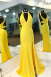 Elegant Halter Mermaid Yellow Long Prom Dress with Slit