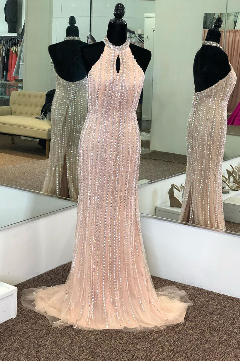Elegant Halter Mermaid Pink Beaded Long Prom Dress with Slit