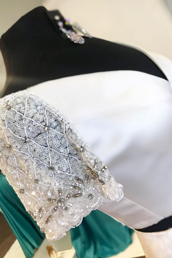Two Piece Mermaid White Long Prom Dress with Short Sequin Sleeves