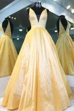 Elegant V Neck Yellow Satin Long Prom Dress with Empire Waist