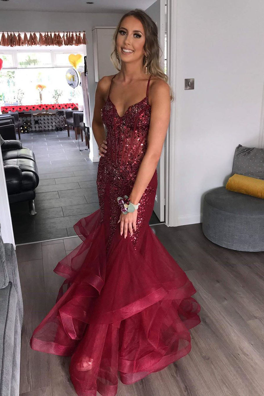Gorgeous V Neck Mermaid Burgundy Tulle Beaded Long Prom Dress with Ruf FancyVestido Gorgeous V Neck Mermaid Burgundy Tulle Beaded Long Prom Dress with Ruf FancyVestido