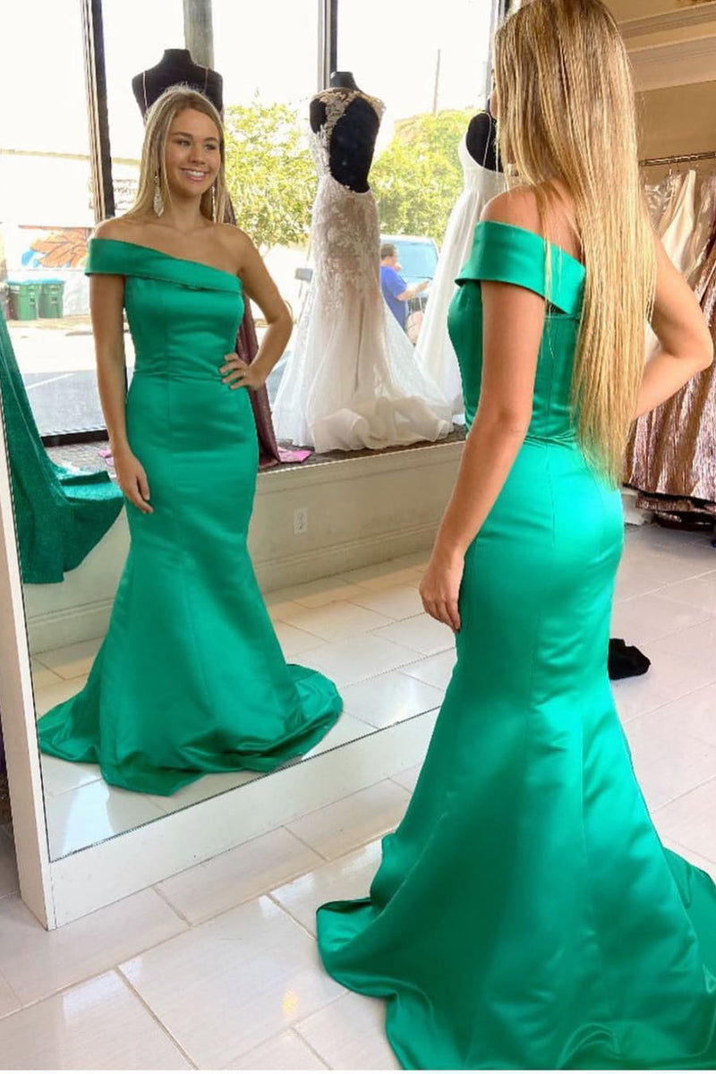 Elegant Off the Shoulder Mermaid Green Satin Long Prom Dress