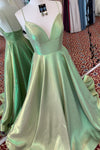 Elegant A-Line Empire V-Neck Green Long Prom Dress with Straps