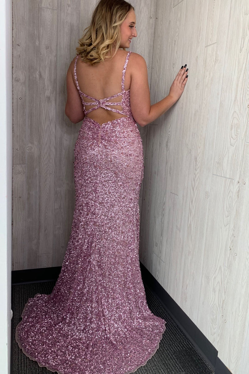 Gorgeous Straps Mermaid Pearl Pink Sequin Long Prom Dress with Slit