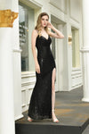 Fast Shipping Spaghetti Straps Mermaid Black Sequin Long Prom Dress