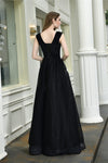 Fast Shipping V Neck Black Long Prom Dress with Appliques