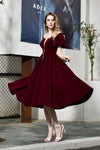 Fast Shipping Short Sleeves Lace-up Back Burgundy Mid-Calf Prom Dress
