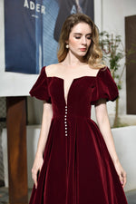 Fast Shipping Short Sleeves Lace-up Back Burgundy Mid-Calf Prom Dress