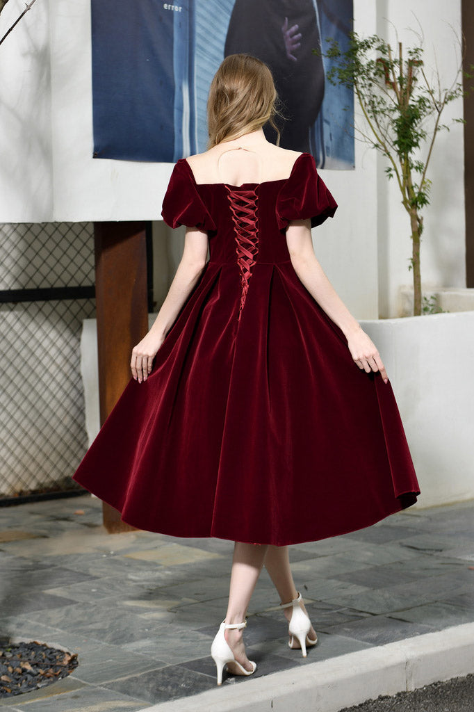 Fast Shipping Short Sleeves Lace-up Back Burgundy Mid-Calf Prom Dress