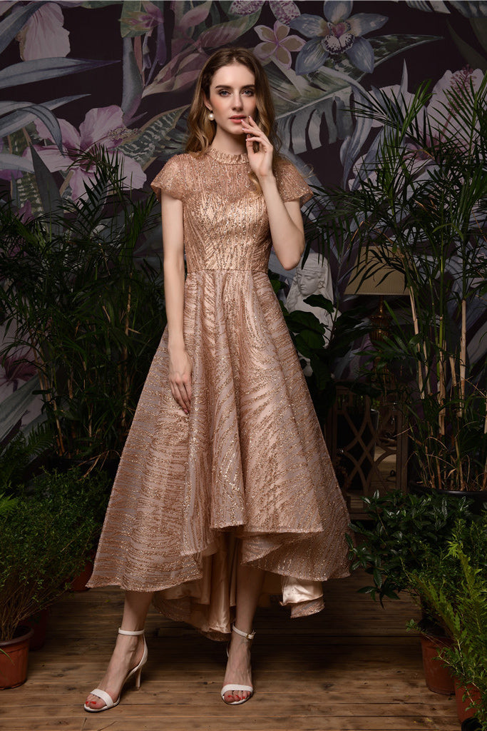 Fast Shipping High Low Rose Gold Prom Dress with Mini Sleeves