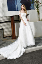 Fast Shipping Princess Off Shoulder White Wedding Dress with Pearls