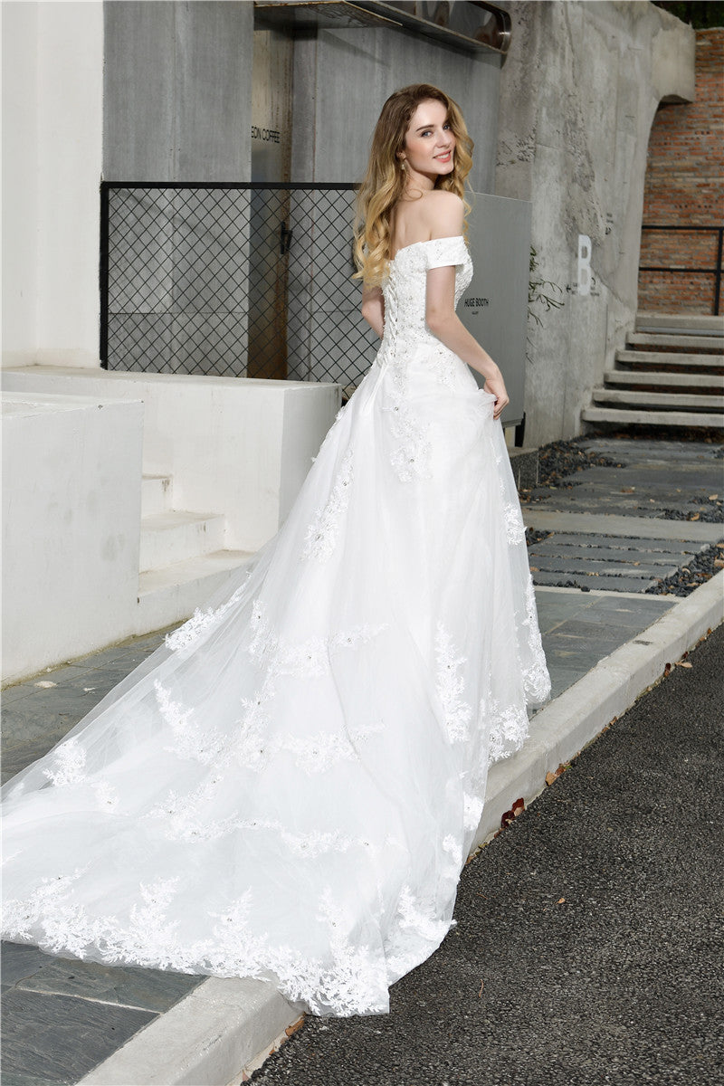 Fast Shipping Princess Off Shoulder White Wedding Dress with Pearls