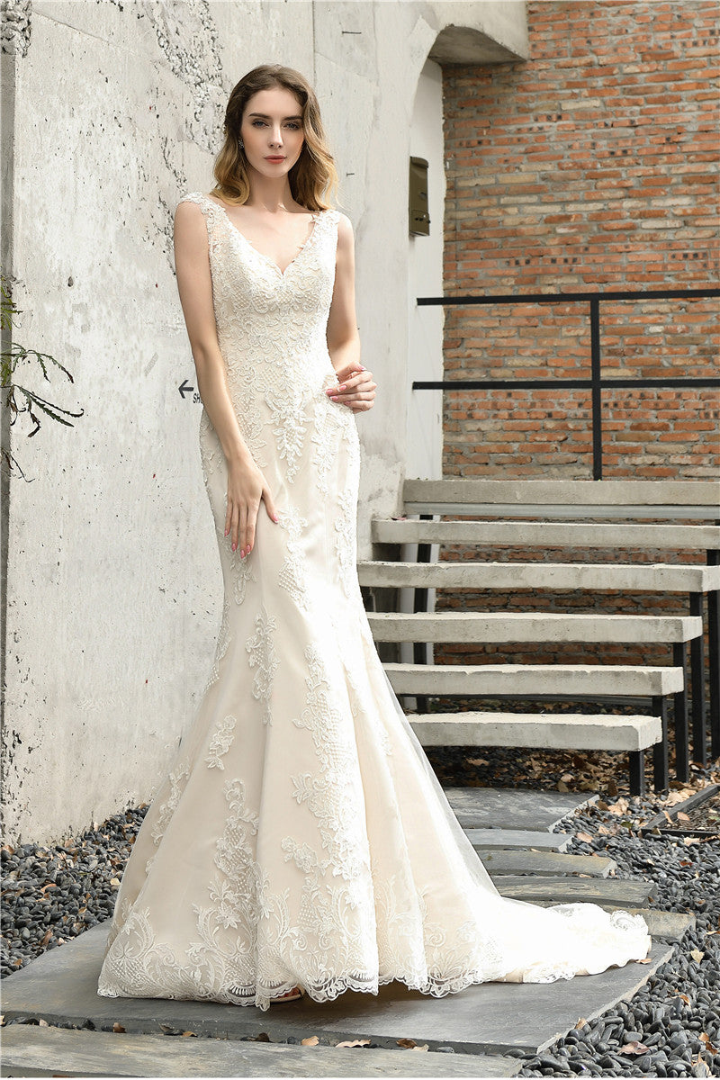 Princess V Neck Mermaid Ivory Lace Wedding Dress FancyVestido Princess V Neck Mermaid Ivory Lace Wedding Dress FancyVestido