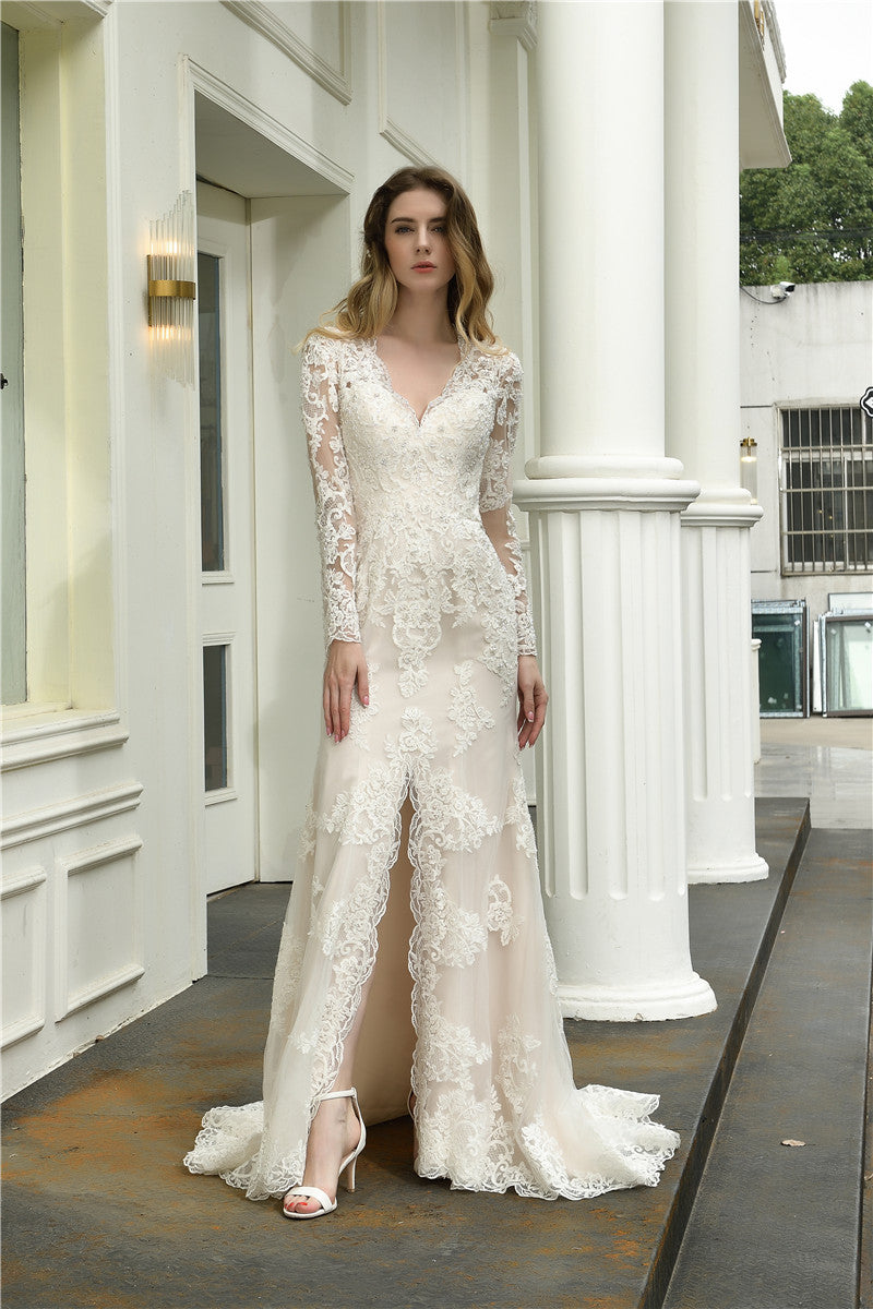 long sleeve princess cut dress New Unique Mermaid long Sleeves Princess Garden Beach Vintage Long Wed bridalsew