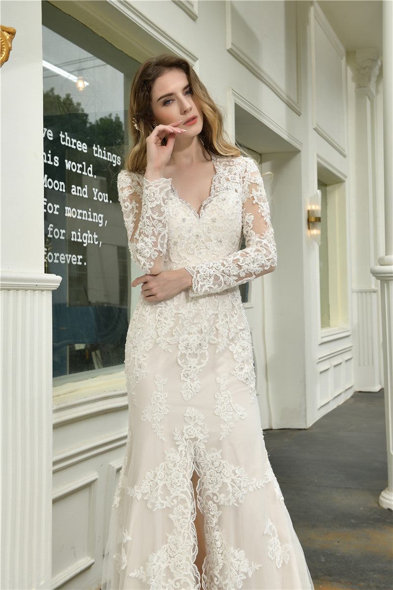 Fast Shipping Princess A-Line Long Sleeves Ivory Wedding Dress with Slit-Front