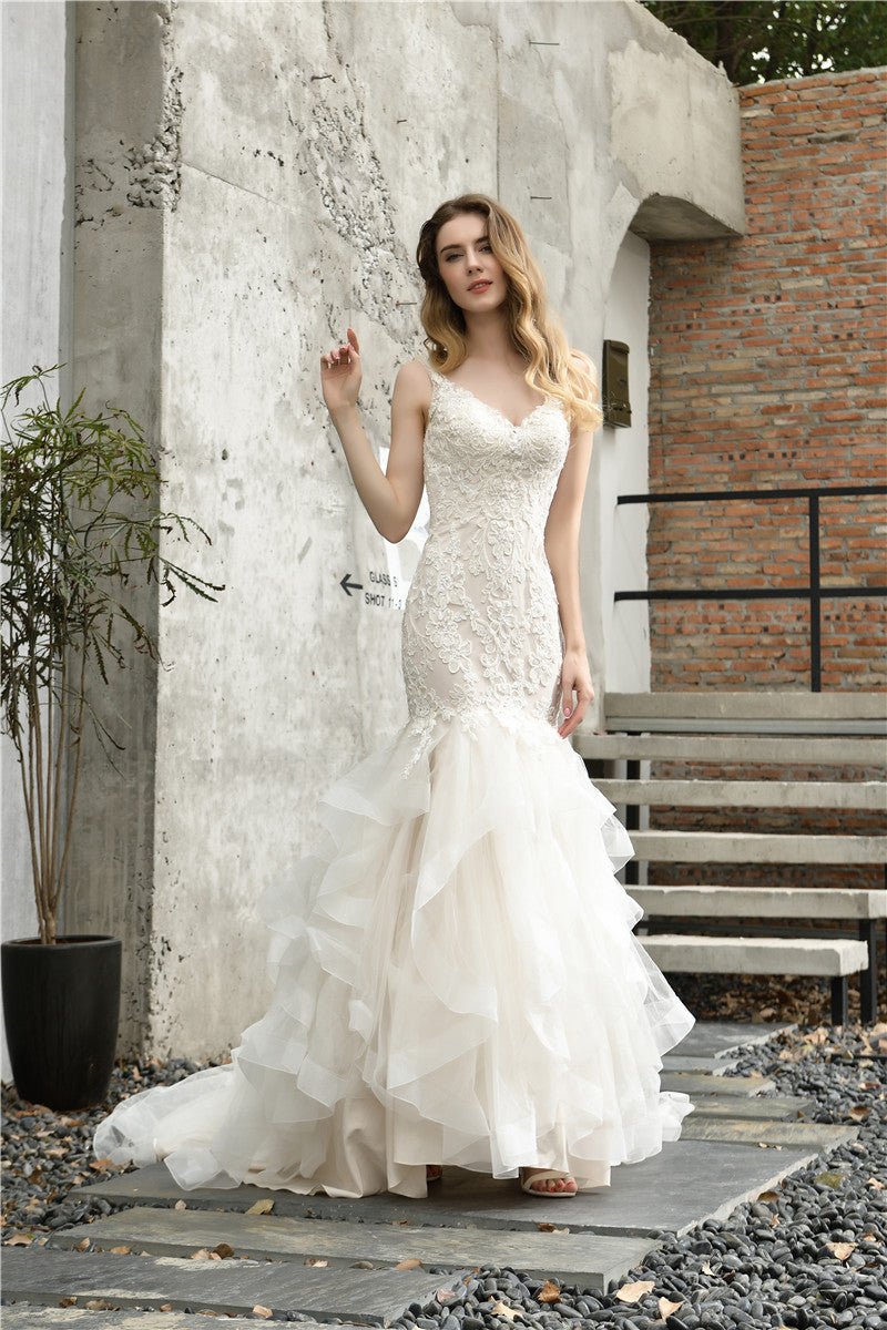 Fast Shipping Princess Mermaid Ivory Wedding Dress with Cascading Ruffles