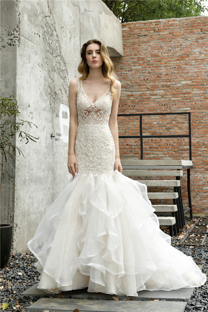 white v neck mermaid dress V Neck Mermaid Ivory Wedding Dress with Cascading Ruffles – FancyVestido