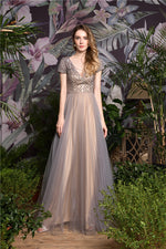 Fast Shipping V Neck A-Line Grey and Champagne Long Prom Dress