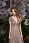 Fast Shipping V Neck A-Line Grey and Champagne Long Prom Dress