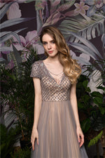 Fast Shipping V Neck A-Line Grey and Champagne Long Prom Dress