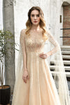 Fast Shipping Princess Long Sleeves Beaded Champagne Wedding Dress