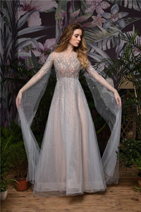 princess sleeve dress Floral Wedding with Long Puff Sleeves tiered tulle skirt is finished on a train Sweet Elegant Silk Satin Hand