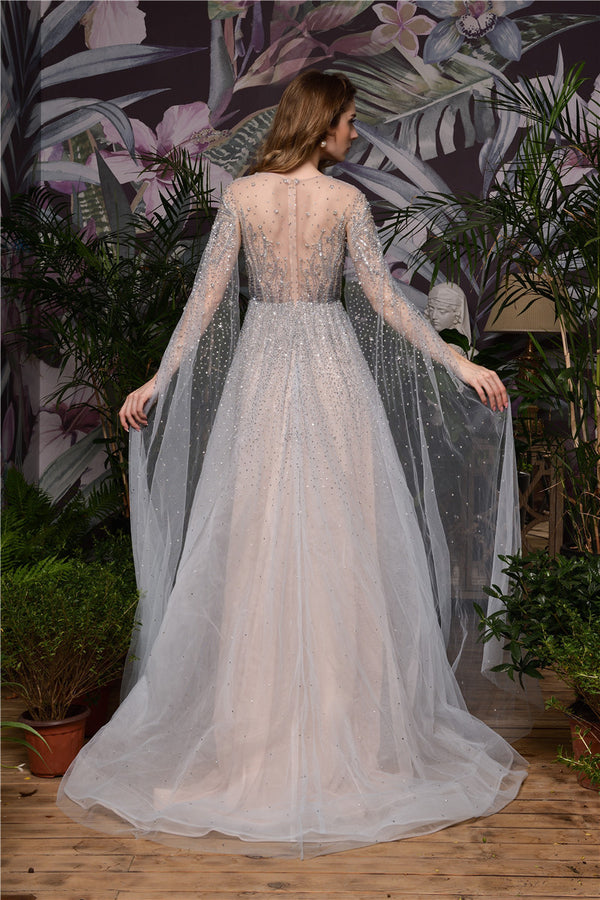 Princess Long Sleeves Beaded Champagne Wedding Dress