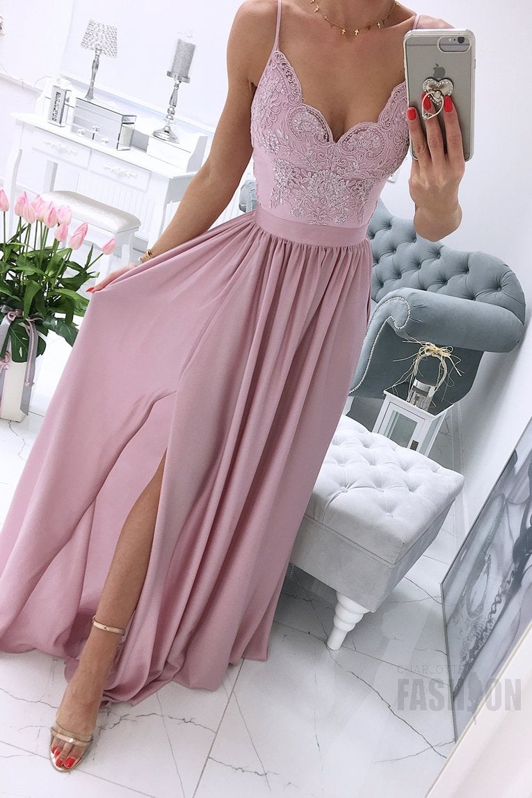 Elegant A-Line Straps Lace Appliques Pink Long Prom Dress