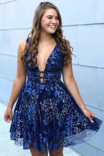 Plunging Neck Embroidery Navy Blue Homecoming Dress