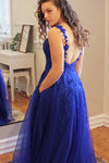 Princess V Neck Dark Blue Long Prom Dress with Lace Appliques