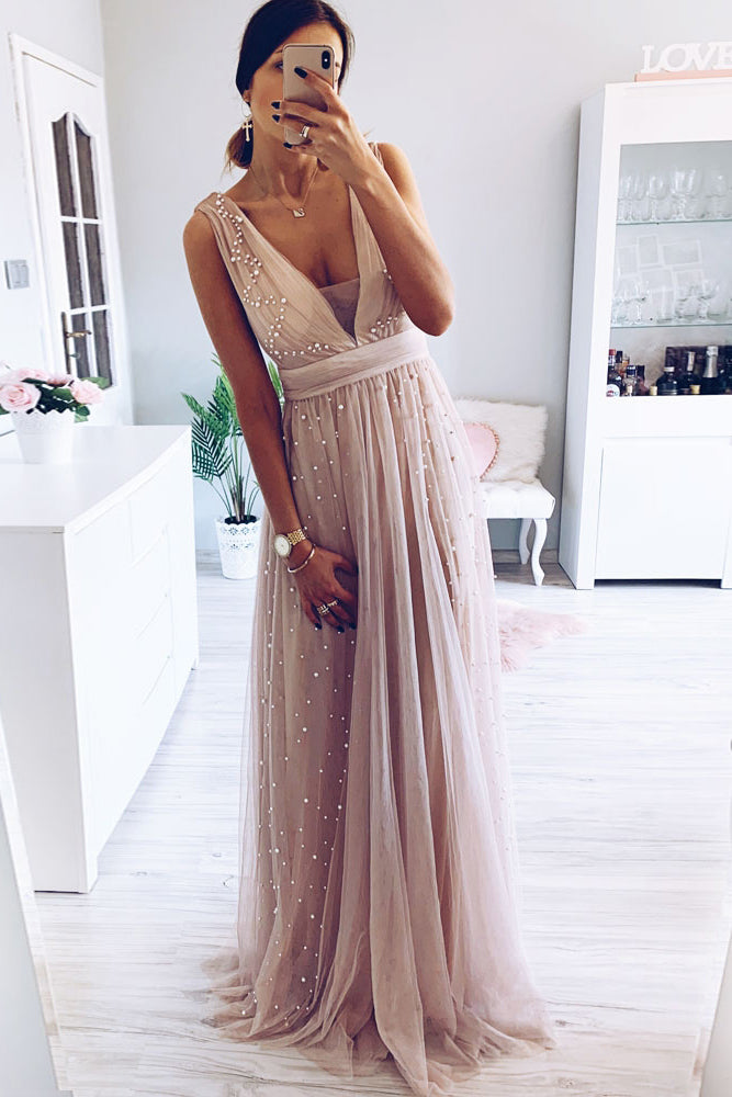 Elegant A-Line V Neck Blush Long Prom Dress