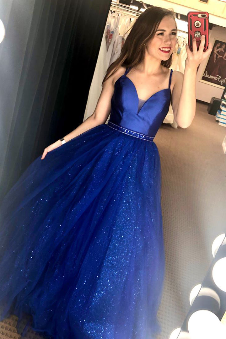 Gorgeous V Neck Straps A-Line Royal Blue Long Prom Dress